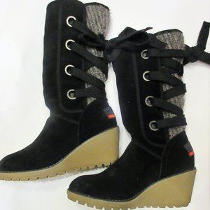 S.Oliver Winter Women Fur Boots Lace Up Wool knit back Black Suede Leather